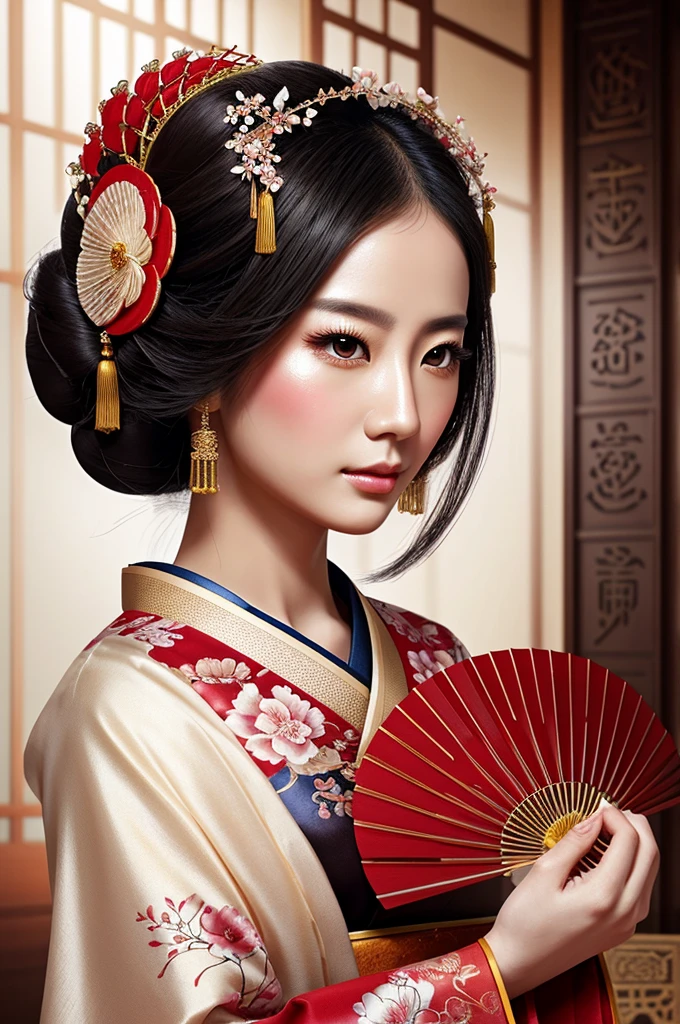 Handheld fan、Arav woman wearing a garland, Beautiful digital illustrations, A beautiful artistic illustration, Stunning digital illustrations, Beautiful digital artwork, Inspired by Yin Dourui, Digital illustration style, Chinese Queen, Portrait of a geisha, Beautiful fantasy queen, Beautiful digital illustrations, Portrait of a beautiful geisha, Portrait of a geisha
