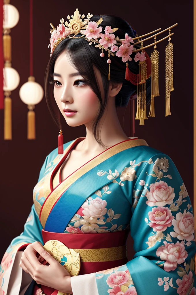 Handheld fan、Arav woman wearing a garland, Beautiful digital illustrations, A beautiful artistic illustration, Stunning digital illustrations, Beautiful digital artwork, Inspired by Yin Dourui, Digital illustration style, Chinese Queen, Portrait of a geisha, Beautiful fantasy queen, Beautiful digital illustrations, Portrait of a beautiful geisha, Portrait of a geisha