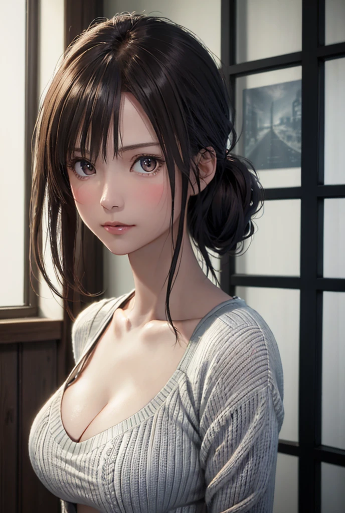 8K, of the highest quality, masutepiece:1.2), (Realistic, Photorealsitic:1.37), of the highest quality, masutepiece, Beautiful young woman, Pensive expression,、A charming、and an inviting look, Oversized knitwear、cleavage of the breast, Hair tied back, Cinematic background, Light skin tone