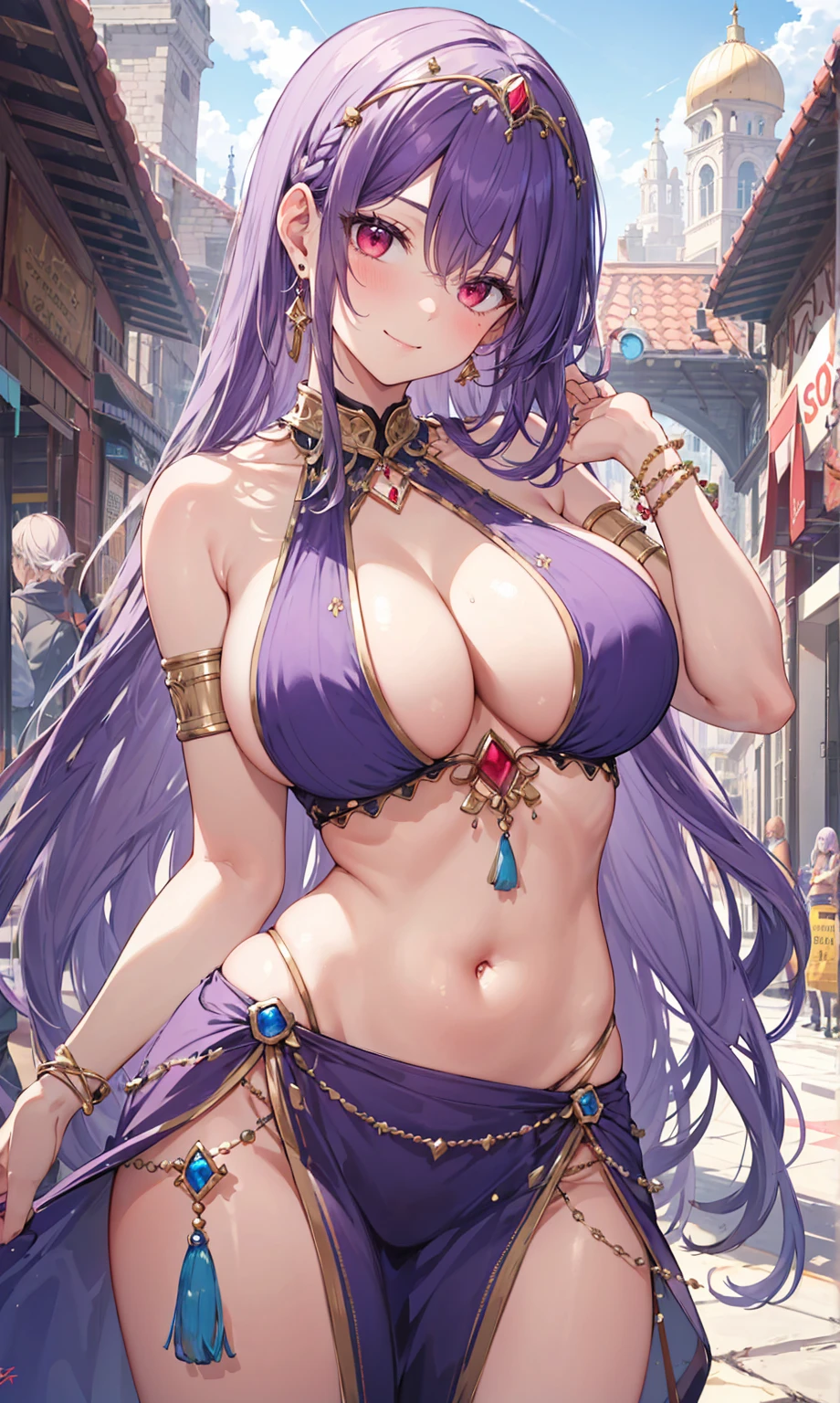 high quality, ultra detailed, best quality, insanely detailed, beautiful, masterpiece, 1girl, medieval plaza, cowboy shot, red eyes, long hair, purple hair, belly dancer, circlet, earrings, armlets, bracelets, bashful smile, large breasts, cleavage, soft stomach