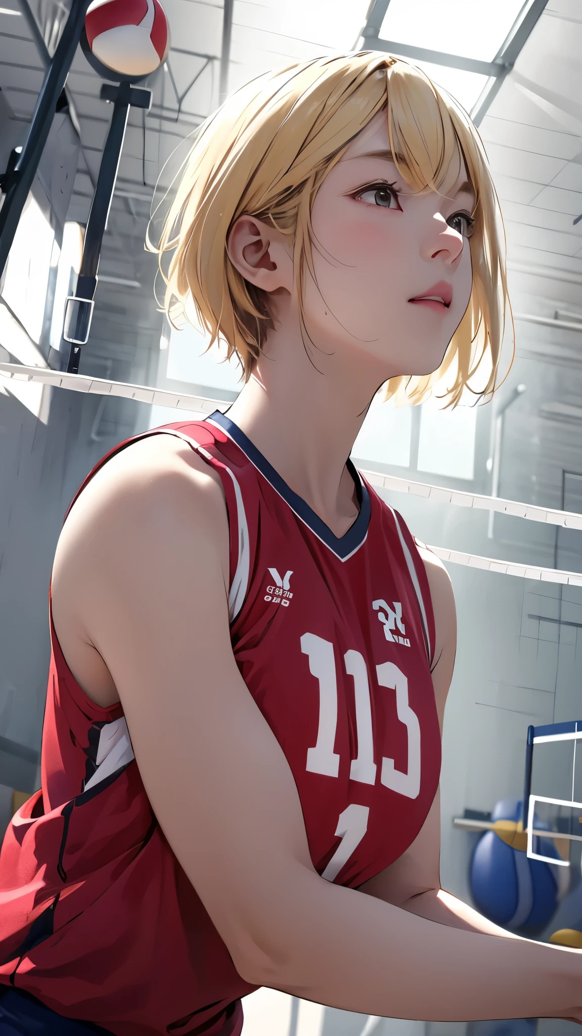 gym、18-year-old、Volleyball Uniforms、Blonde、short hair、Upper Body、look up、