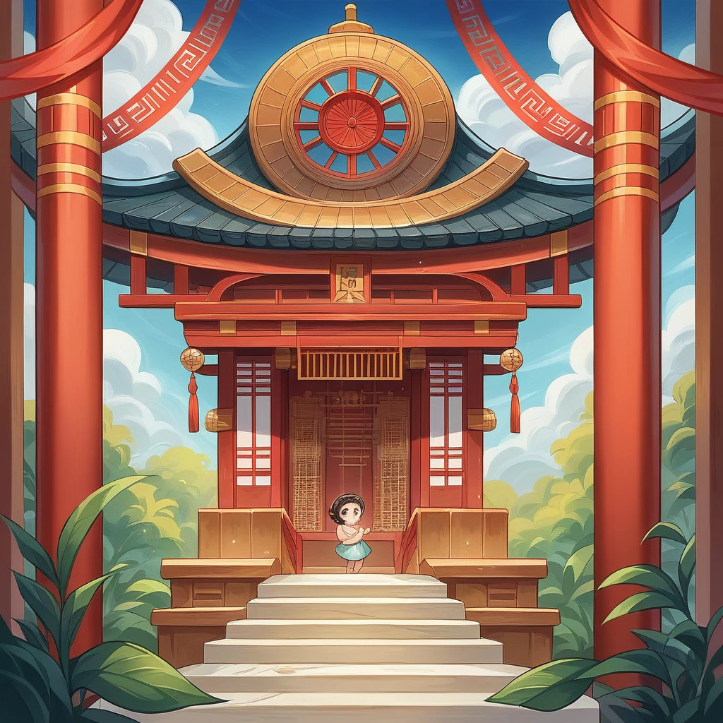 {{masterpiece, best quality, extremely detailed CG, unity 8k wallpaper, cinematic lighting}}, traditional Chinese ink painting, 1girl, 1baby, young woman holding a baby, full body, ancient architecture, blue sky, sunny day, wooden architecture, prominent protagonist, smile, big eyes, beautiful detailed eyes, (big breasts, cleavage), round ass, looking at the audience, long eyelashes,