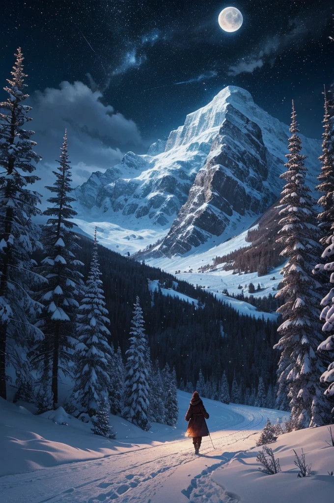 Create a captivating digital illustration depicting a female figure dressed in cozy winter clothing, walking along a magical path in a snowy mountainous landscape. The scene is set at night, with the sky filled with colorful stars and a radiant moon illuminating the surroundings. The mountains are covered in glistening snow, and the path she walks on sparkles with enchanting light, adding a touch of fantasy to the serene, winter night. Ensure the overall ambiance is vibrant and whimsical, highlighting the contrast between the cool, snowy environment and the warm, magical path.
