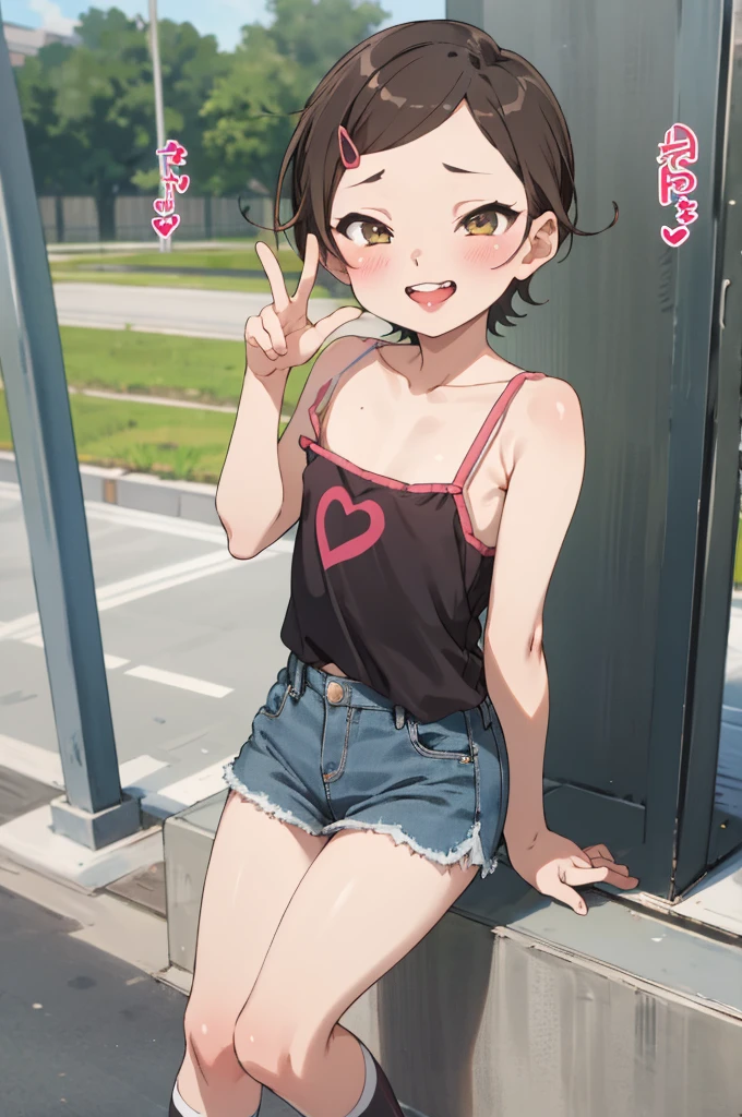 masterpiece, best quality, absurdres,
1girl, ,, blush, ,,camisole,, denim skirt,socks,looking viewer,,spoken heart,6yo,(petite),flat chest,,outdoor,grin,nsfw,socks,open mouth,tongue