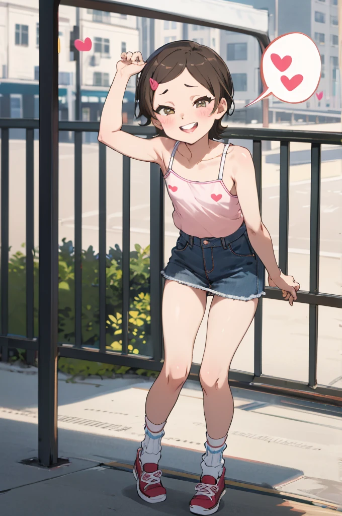 masterpiece, best quality, absurdres, 
1girl, ,, blush, ,,camisole,, denim skirt,socks,looking viewer,,spoken heart,,(petite),flat chest,,outdoor,grin,nsfw,socks,open mouth,tongue