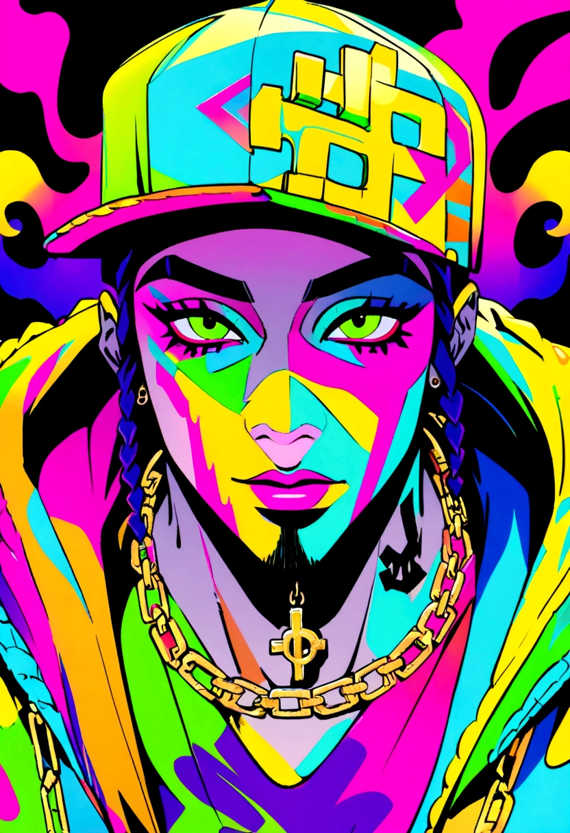 a man (Post Malone) wearing a hoodie with cap and a dollar sign chain and tattoo in his neck like a professional rapper with a neon makeup and headdress , transgressive art, sharp focus, 8 k, octane render , saturated colors, pastel colors