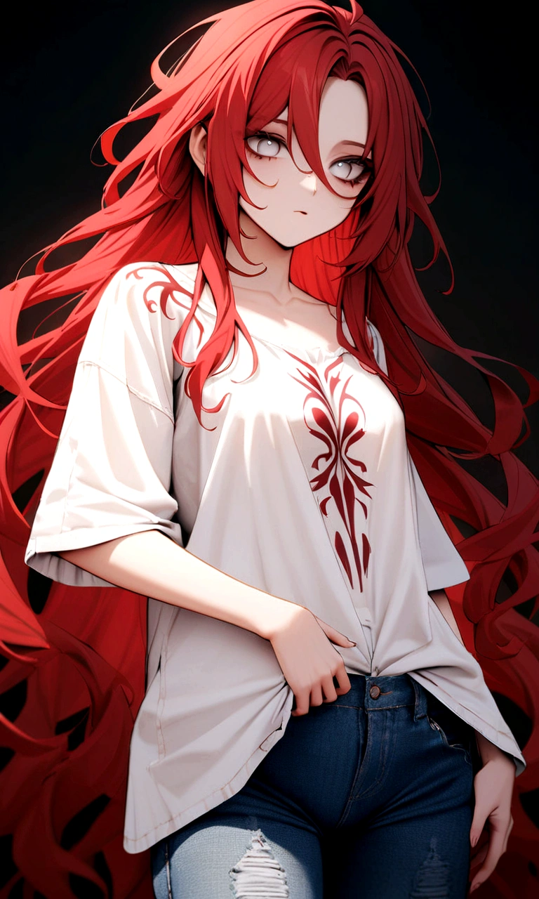 make me a female, 22 years old, red long messy hair,white eyes, body tattoos, oversized shirt and jeans, emotionless face
