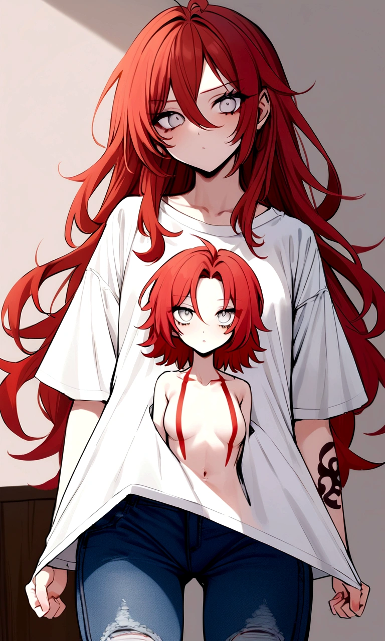 make me a female, 22 years old, red long messy hair,white eyes, body tattoos, oversized shirt and jeans, emotionless face