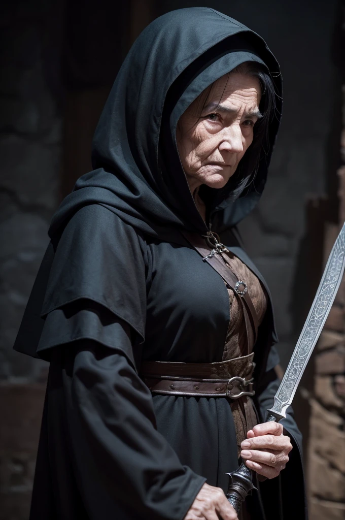 elderly woman in medieval times, in a dark assassin outfit with a hood, holding a dagger, She has few signs of middle age, she has a  and a little old face, with black hair 