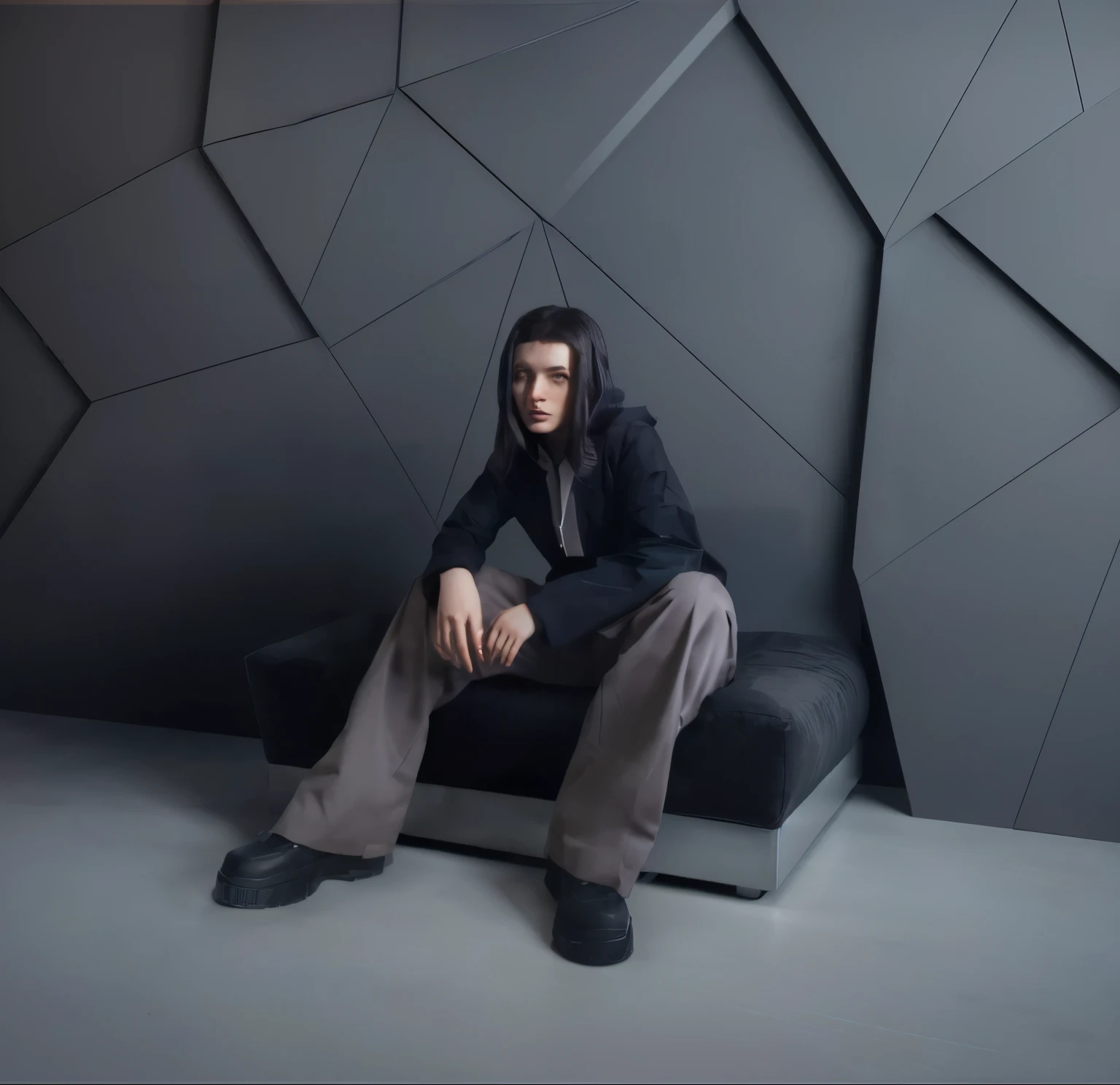 a girl is sitting on a black sofa in the room, portrait shot, inspired by Anna Fussli, pouty look :: Octane render, In a dark futuristic room, matte painting of the human mind, sci-fi dystopian character, photo of a woman in techwear style, 