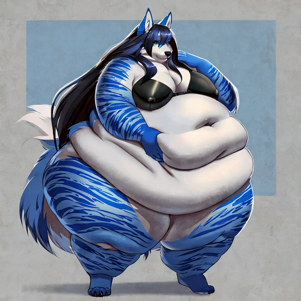 Wolf, female, long hair, morbidly onese,fat arms, fat legs, belly rolls,blue fur,blue stripes,fluffy tail