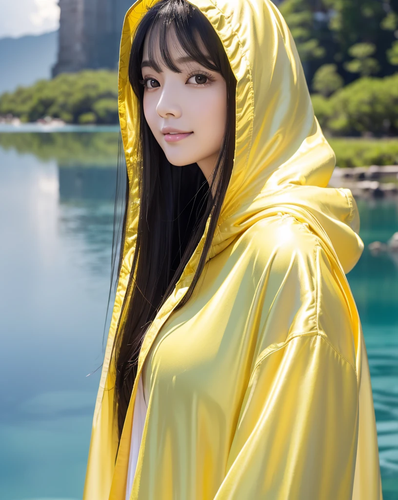 (Highest quality, 32k, High resolution, Masterpiece:1.5, ), marimo_jet, god々A photograph with brilliant dazzling and healing power., Evoking a sense of calm and elusive beauty, Expressing emotions, Have a rich imagination,Beautiful Japanese Girls, An exceptionally beautiful face, Small Face Beauty, ((profile:1.2)), Perfect Human Anatomy, Magical big eyes, Motherhood and generosity, Deep Love, fleeting smile, shiny wet black hair, Super Long Straight Silk Hair, Asymmetrical bangs, Hair between the eyes, Transparent, soft white skin, Sharp eyebrows, Thin lashes, Natural Makeup, Cheek highlighter, Pale pink detailed lips, , ((Yellow hooded raincoat:1.2)), Slim figure with ample breasts, High resolutionの美しい太もも, ((Ancient ruins submerged in a blue lake:1.3)), ((It rains:1.2)), ((A background of a faint light shining through a gap in the cloudy sky:1.3)), Professional Lighting, Professional photographer, Professional models, god秘的