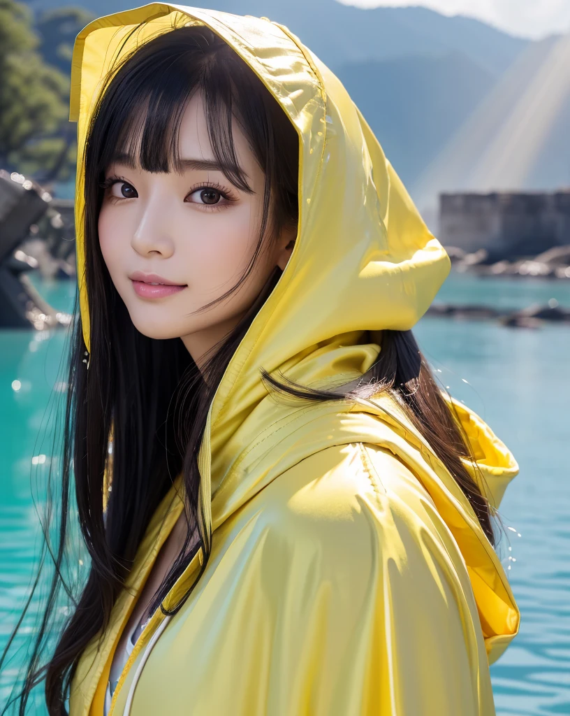 (Highest quality, 32k, High resolution, Masterpiece:1.5, ), marimo_jet, god々A photograph with brilliant dazzling and healing power., Evoking a sense of calm and elusive beauty, Expressing emotions, Have a rich imagination,Beautiful Japanese Girls, An exceptionally beautiful face, Small Face Beauty, ((profile:1.2)), Perfect Human Anatomy, Magical big eyes, Motherhood and generosity, Deep Love, fleeting smile, shiny wet black hair, Super Long Straight Silk Hair, Asymmetrical bangs, Hair between the eyes, Transparent, soft white skin, Sharp eyebrows, Thin lashes, Natural Makeup, Cheek highlighter, Pale pink detailed lips, , ((Yellow hooded raincoat:1.2)), Slim figure with ample breasts, High resolutionの美しい太もも, ((Ancient ruins submerged in a blue lake:1.3)), ((It rains:1.2)), ((A background of a faint light shining through a gap in the cloudy sky:1.3)), Professional Lighting, Professional photographer, Professional models, god秘的