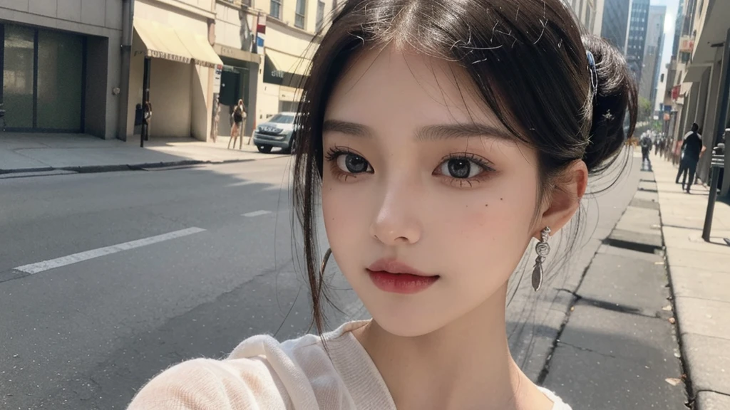 (Great picture), Top quality, 8K resolution, Beautiful girl,, Beautiful mole under left eye corner, Perfect figure, ((Beautiful detailed face)), Dark hair (ponytail), Delicate makeup, Glossy lips, Long eyelashes, Silver earrings, Bright big eyes, Eye shadow, , Cute girl, Master craftsmanship, High detail, Colorful pictures, Light and shadow detail, Very delicate beautiful girl, Supple white skin, Delicate facial features, Stunningly beautiful, Extreme detail Colorful photo, light and shadow details, very delicate beautiful girl, supple white skin, delicate facial features, perfect face, stunningly beautiful, extreme details, realistic details, on the street, running, lots of sweat (water drops) on the face.