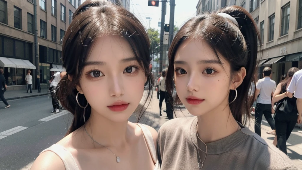 (Great picture), Top quality, 8K resolution, Beautiful girl,, Beautiful mole under left eye corner, Perfect figure, ((Beautiful detailed face)), Dark hair (ponytail), Delicate makeup, Glossy lips, Long eyelashes, Silver earrings, Bright big eyes, Eye shadow, , Cute girl, Master craftsmanship, High detail, Colorful pictures, Light and shadow detail, Very delicate beautiful girl, Supple white skin, Delicate facial features, Stunningly beautiful, Extreme detail Colorful photo, light and shadow details, very delicate beautiful girl, supple white skin, delicate facial features, perfect face, stunningly beautiful, extreme details, realistic details, on the street, running, lots of sweat (water drops) on the face.