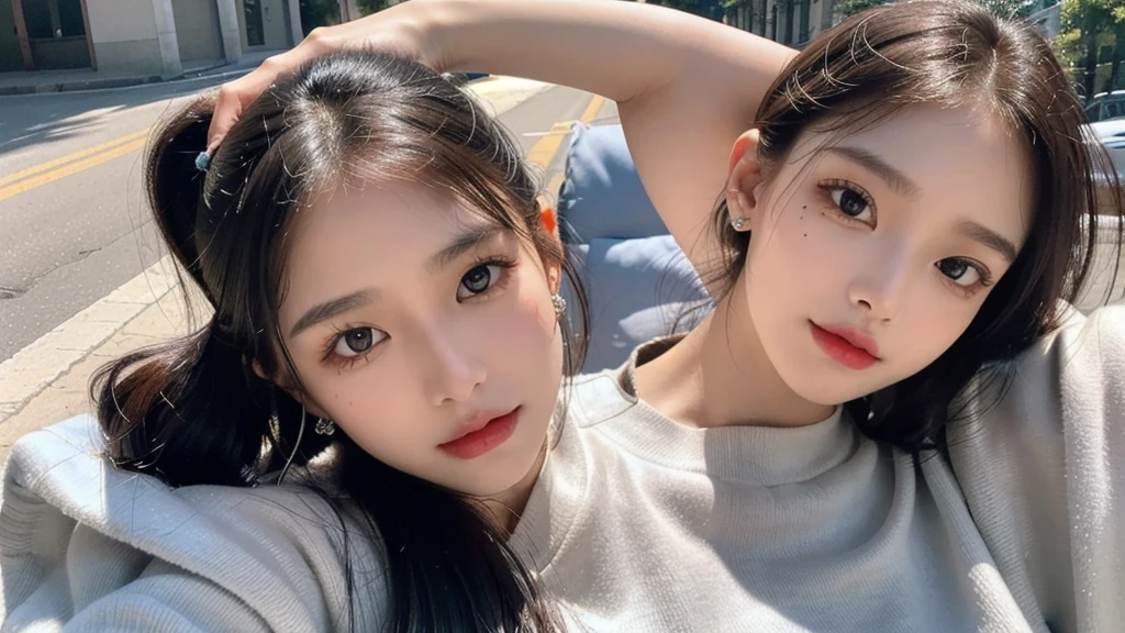 (Great picture), Top quality, 8K resolution, Beautiful girl,, Beautiful mole under left eye corner, Perfect figure, ((Beautiful detailed face)), Dark hair (ponytail), Delicate makeup, Glossy lips, Long eyelashes, Silver earrings, Bright big eyes, Eye shadow, , Cute girl, Master craftsmanship, High detail, Colorful pictures, Light and shadow detail, Very delicate beautiful girl, Supple white skin, Delicate facial features, Stunningly beautiful, Extreme detail Colorful photo, light and shadow details, very delicate beautiful girl, supple white skin, delicate facial features, perfect face, stunningly beautiful, extreme details, realistic details, on the street, running, lots of sweat (water drops) on the face.