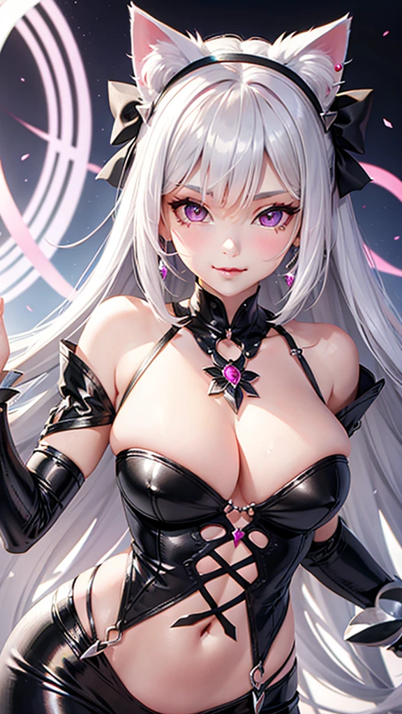 Silver hair, pink eyes, body, cat ears, sexy girl, earrings, fantasy, princess, hair bows, happy face, sexy