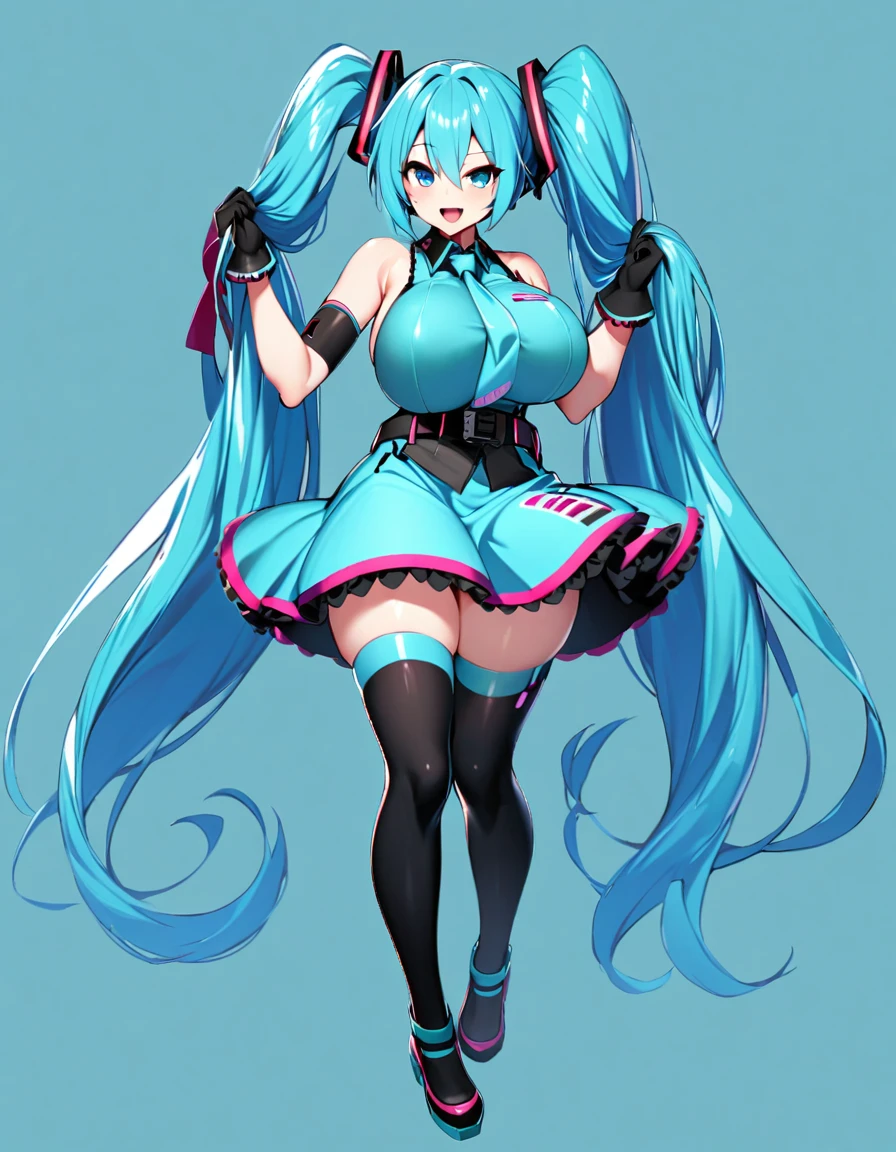 hatsune_miku, 1girl, solo, long hair, looking at viewer, smile,super huge breasts, open mouth, bangs, blue eyes, simple background, thigh highs, gloves, dress, bow, ribbon,holding hair,twintails, very long hair, blue hair, full body, hair bow, belt, tie,