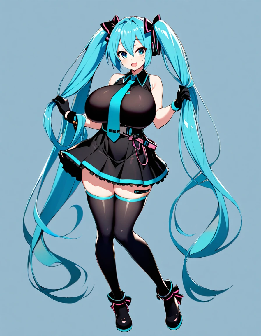 hatsune_miku, 1girl, solo, long hair, looking at viewer, smile,super huge breasts, open mouth, bangs, blue eyes, simple background, thigh highs, gloves, dress, bow, ribbon,holding hair,twintails, very long hair, blue hair, full body, hair bow, belt, tie, 