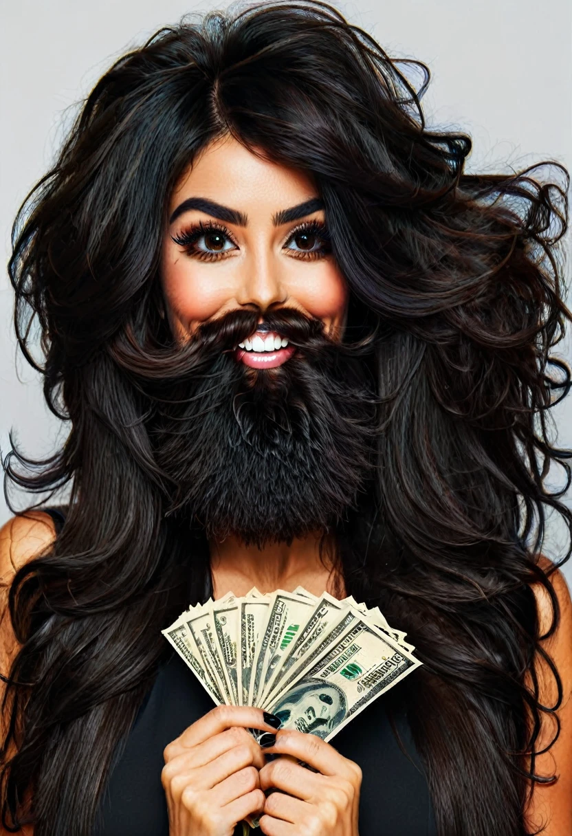 
bearded woman beautiful shaggy beard, black hair, brown eyes, eyeliner, proud smile, seductive look, hold a load of dollar bills