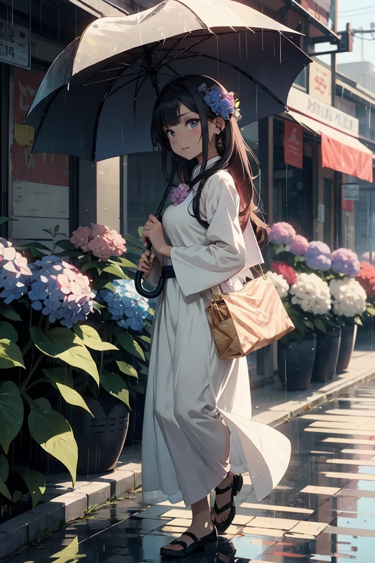 Anime Style,Men walk slowly through India, listening to the sound of rain. Colorful hydrangeas are blooming. They look like they're having a little fun.Umbrella, Ultra Detailed, High Detail, High Quality, Award Winning, Best Quality, High Resolution, 1080p, High Definition, 4K, 8k, 16K, Full Body, Wearing Ao Dai