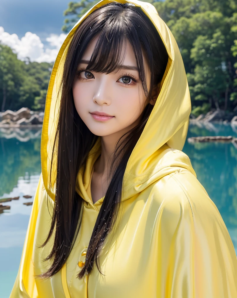 (Highest quality, 32k, High resolution, Masterpiece:1.5, ), marimo_jet, god々A photograph with brilliant dazzling and healing power., Evoking a sense of calm and elusive beauty, Expressing emotions, Have a rich imagination,Beautiful Japanese Girls, An exceptionally beautiful face, Small Face Beauty, ((Downcast profile:1.3)), Perfect Human Anatomy, Magical big eyes, Motherhood and generosity, Deep Love, fleeting smile, shiny wet black hair, Super Long Straight Silk Hair, Asymmetrical bangs, Hair between the eyes, Transparent, soft white skin, Sharp eyebrows, Thin lashes, Natural Makeup, Cheek highlighter, Pale pink detailed lips, , ((Yellow hooded raincoat:1.2)), Slim figure with ample breasts, High resolutionの美しい太もも, ((Ancient ruins submerged in a blue lake:1.3)), ((It rains:1.2)), ((A background of a faint light shining through a gap in the cloudy sky:1.3)), Professional Lighting, Professional photographer, Professional models, god秘的