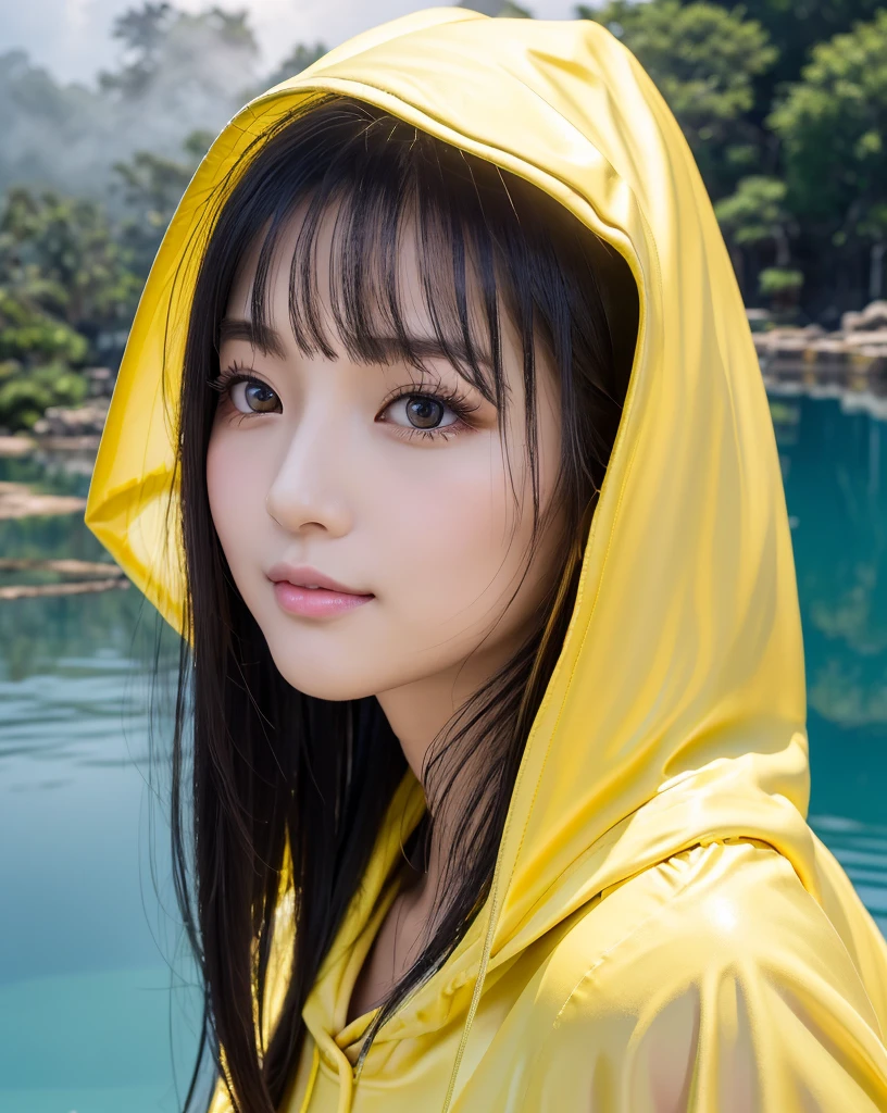 (Highest quality, 32k, High resolution, Masterpiece:1.5, ), marimo_jet, god々A photograph with brilliant dazzling and healing power., Evoking a sense of calm and elusive beauty, Expressing emotions, Have a rich imagination,Beautiful Japanese Girls, An exceptionally beautiful face, Small Face Beauty, ((Downcast profile:1.3)), Perfect Human Anatomy, Magical big eyes, Motherhood and generosity, Deep Love, fleeting smile, shiny wet black hair, Super Long Straight Silk Hair, Asymmetrical bangs, Hair between the eyes, Transparent, soft white skin, Sharp eyebrows, Thin lashes, Natural Makeup, Cheek highlighter, Pale pink detailed lips, , ((Yellow hooded raincoat:1.2)), Slim figure with ample breasts, High resolutionの美しい太もも, ((Ancient ruins submerged in a blue lake:1.3)), ((It rains:1.2)), ((A background of a faint light shining through a gap in the cloudy sky:1.3)), Professional Lighting, Professional photographer, Professional models, god秘的