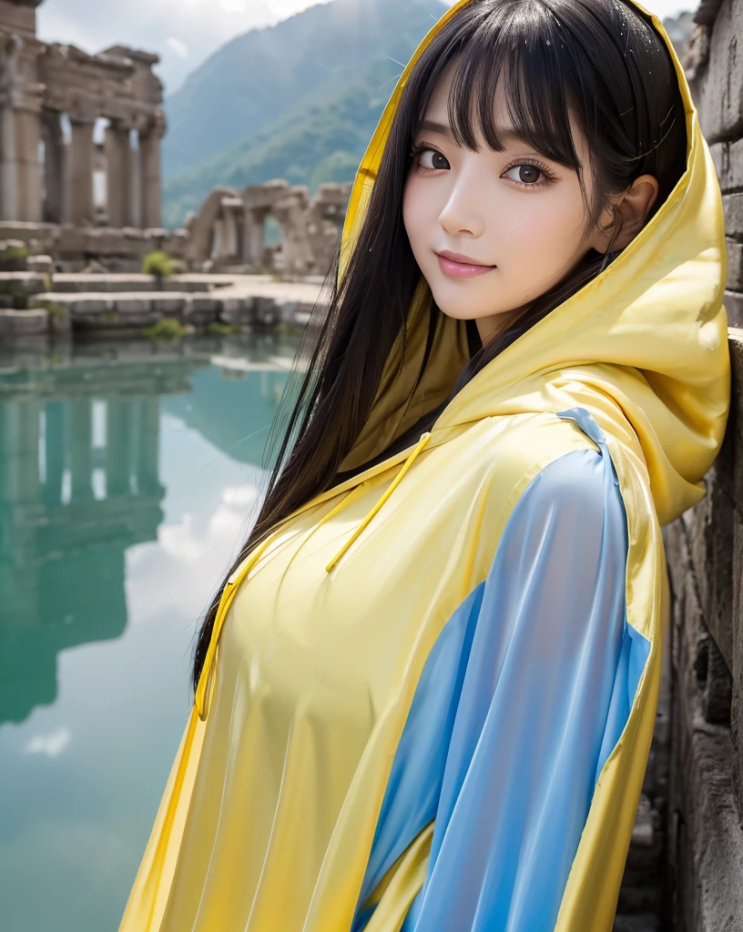 (Highest quality, 32k, High resolution, Masterpiece:1.5, ), marimo_jet, god々A photograph with brilliant dazzling and healing power., Evoking a sense of calm and elusive beauty, Expressing emotions, Have a rich imagination,Beautiful Japanese Girls, An exceptionally beautiful face, Small Face Beauty, ((Downcast profile:1.3)), Perfect Human Anatomy, Magical big eyes, Motherhood and generosity, Deep Love, fleeting smile, shiny wet black hair, Super Long Straight Silk Hair, Asymmetrical bangs, Hair between the eyes, Transparent, soft white skin, Sharp eyebrows, Thin lashes, Natural Makeup, Cheek highlighter, Pale pink detailed lips, , ((Yellow hooded raincoat:1.2)), Slim figure with ample breasts, High resolutionの美しい太もも, ((Ancient ruins submerged in a blue lake:1.3)), ((It rains:1.2)), ((A background of a faint light shining through a gap in the cloudy sky:1.3)), Professional Lighting, Professional photographer, Professional models, god秘的