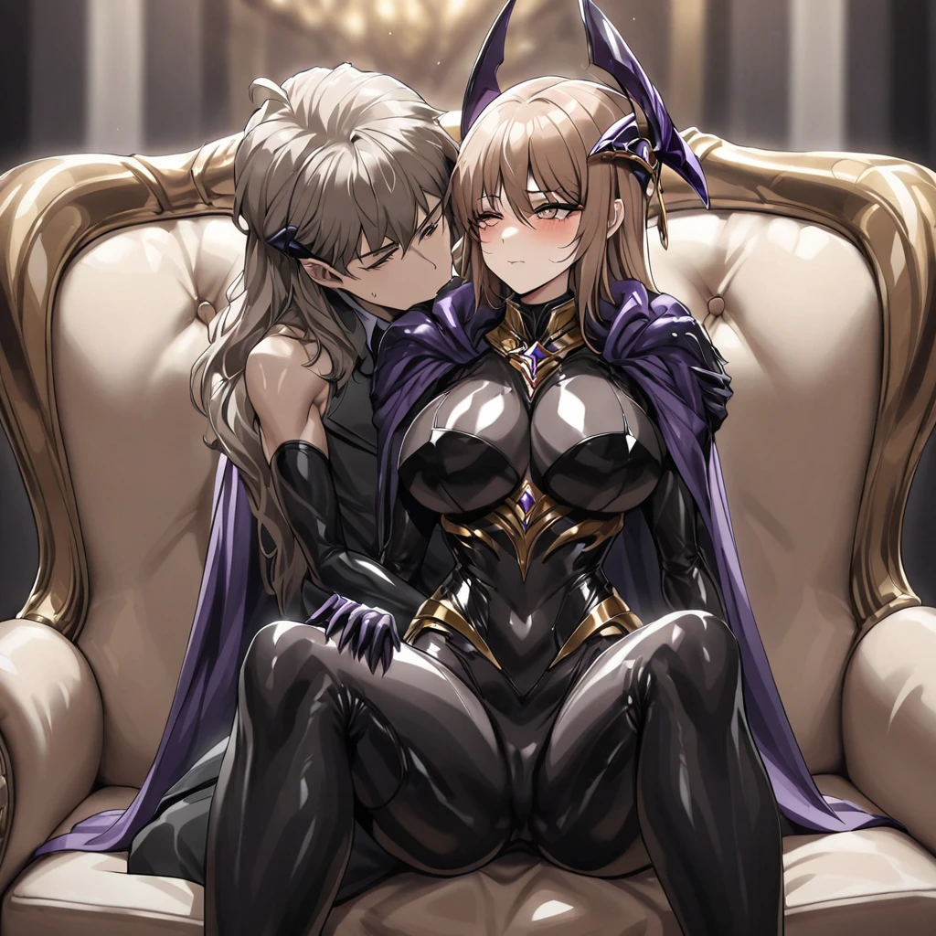 ((Highest quality)), ((masterpiece)), (detailed), (Perfect Face)、The woman is Princess Leona, with medium-long light brown hair, having sex on top of the man. She is wearing a shiny, flashy, sexy, revealing black evil dress bodysuit, an open-front skirt, a cape, and a headgear. She is an evil female executive and is having sex with the dignified boss of an evil organization.、Women are brainwashed, expressionless, and have no highlights in their eyes.、The woman is being held close by the powerful boss of an evil organization.、A strong male boss of an evil organization is sitting on a luxurious sofa with a woman, embracing her, kissing her, having sex with her, and loving her.、The man is a dignified and powerful boss of an evil organization, wearing a luxurious and stately evil bodysuit and cape.