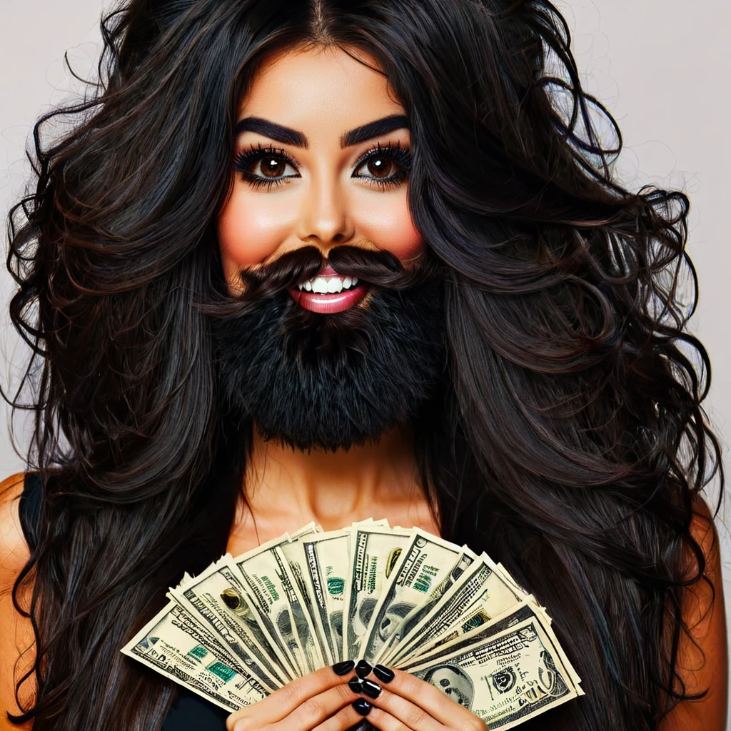 bearded woman beautiful shaggy beard, black hair, brown eyes, eyeliner, proud smile, seductive look, hold a load of dollar bills