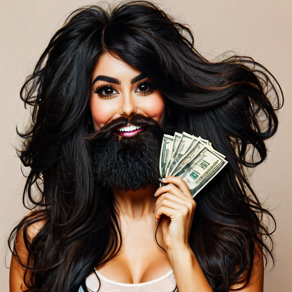 bearded woman beautiful shaggy beard, black hair, brown eyes, eyeliner, proud smile, seductive look, hold a load of dollar bills