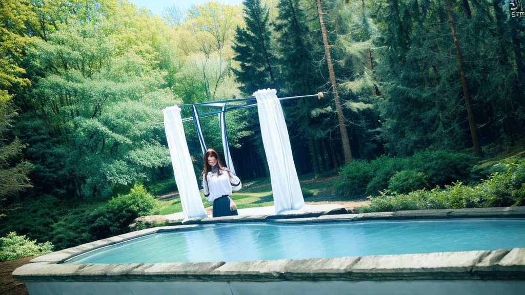 12K, HDR, BEST IMAGE, REALISTIC, FOREST, GREEN, RIVER, A BEAUTIFUL YOUNG GIRL, 30 YEARS OLD, RED BROWN HAIR, LONG STRAIGHT, , RED LATEX SKIRT, , BLOUSE , LARGE PHOTO OF HER, STANDING, BLUE EYES THE COLOR OF THE SKY, BLUE ROUND PORTAL, TO ANOTHER WORLD, MYSTERIES OF DEEP NATURE COLUMN OF WHITE IVORY WITH GOLD...