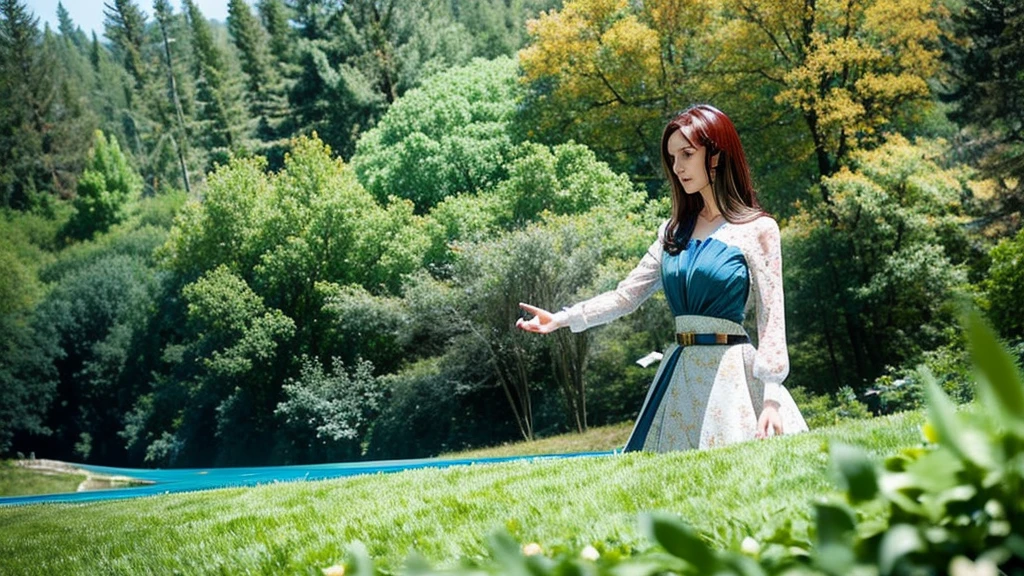 12K, HDR, BEST IMAGE, REALISTIC, FOREST, GREEN, RIVER, A BEAUTIFUL YOUNG GIRL, 30 YEARS OLD, RED BROWN HAIR, LONG STRAIGHT, , RED LATEX SKIRT, , BLOUSE , LARGE PHOTO OF HER, STANDING, BLUE EYES THE COLOR OF THE SKY, BLUE ROUND PORTAL, TO ANOTHER WORLD, MYSTERIES OF DEEP NATURE COLUMN OF WHITE IVORY WITH GOLD...