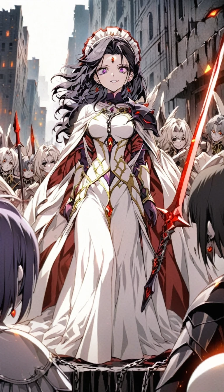 dark persona, grin, standing on pedestal, white leg armor, talking, knight, wavy hair, medium hair, Leading a ritual, dark purple eyes, audience, forehead jewel, white wing headdress, gripping spear in hand, shoulder armor, 1 female, armor, white cape, runes, evil woman Executive, white dress, Ruined city, gold decoration, black hair, moonlight, earrings, chains, yin yang, long skirt, beautiful art, depth of field, high res, perfect face, detailed outfit
