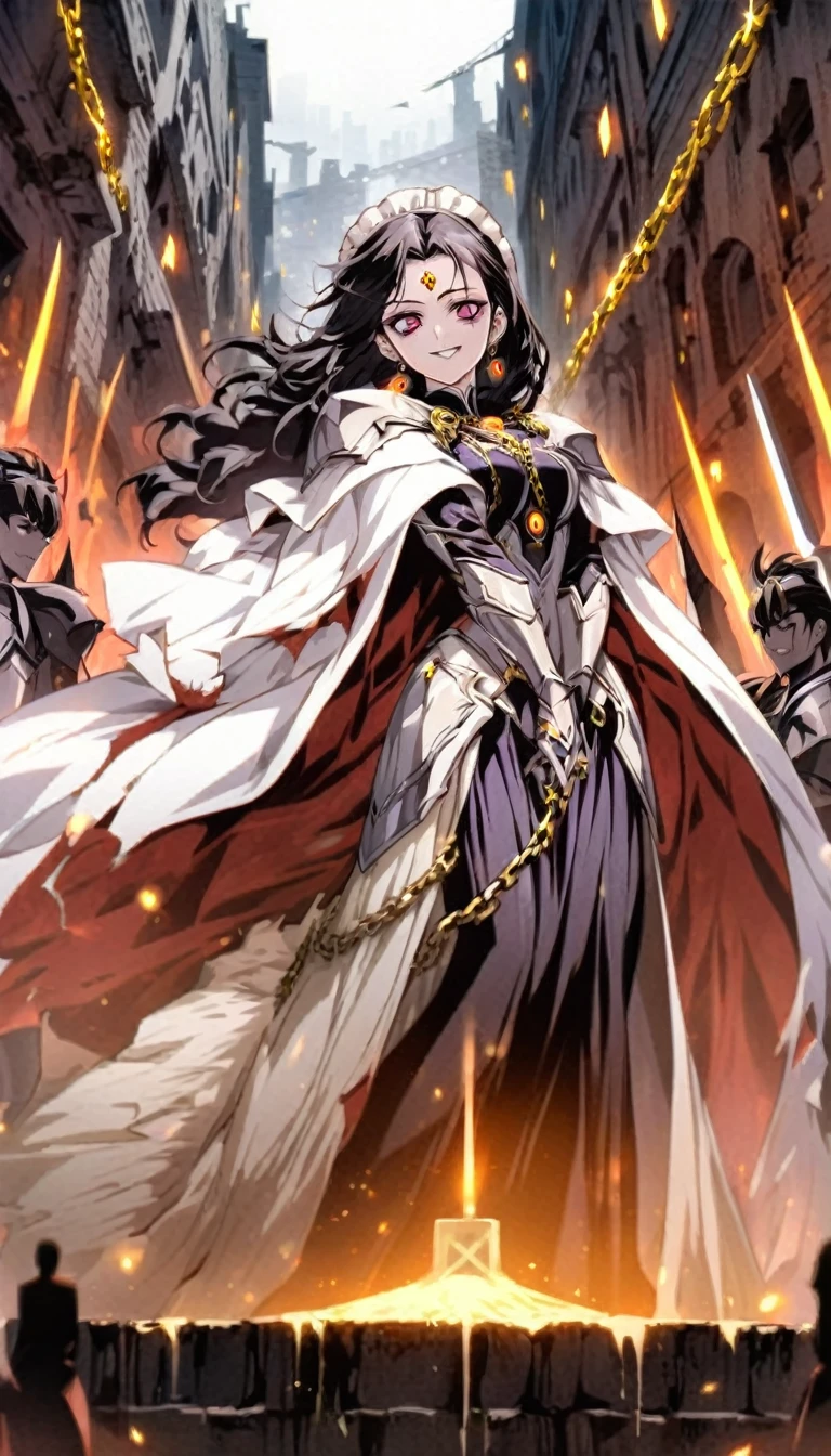 dark persona, grin, standing on pedestal, white leg armor, talking, knight, wavy hair, medium hair, Leading a ritual, dark purple eyes, audience, forehead jewel, white wing headdress, gripping spear in hand, shoulder armor, 1 female, armor, white cape, runes, evil woman Executive, white dress, Ruined city, gold decoration, black hair, moonlight, earrings, chains, yin yang, long skirt, beautiful art, depth of field, high res, perfect face, detailed outfit