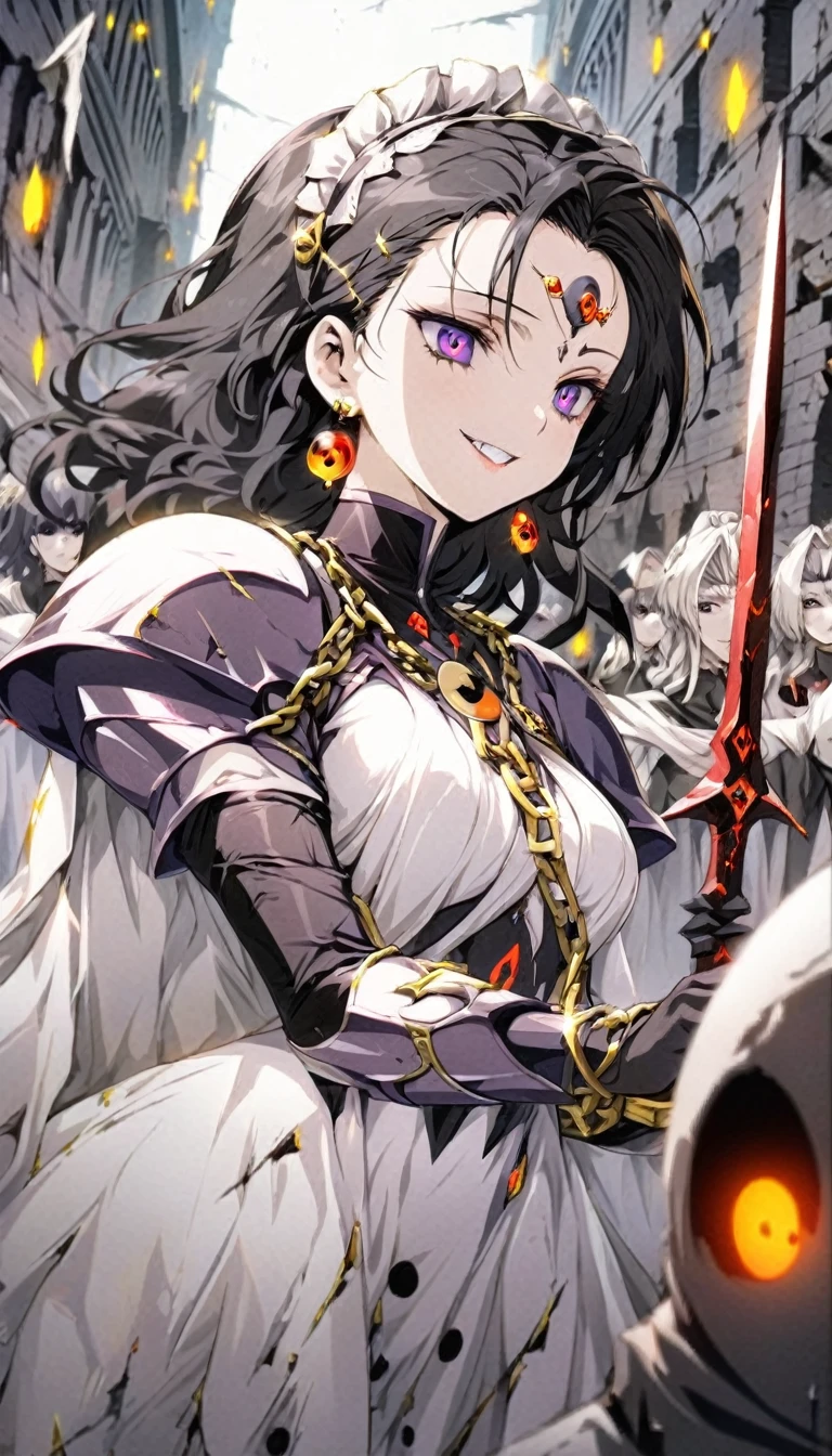 dark persona, grin, standing on pedestal, white leg armor, talking, knight, wavy hair, medium hair, Leading a ritual, dark purple eyes, audience, forehead jewel, white wing headdress, gripping spear in hand, shoulder armor, 1 female, armor, white cape, runes, evil woman Executive, white dress, Ruined city, gold decoration, black hair, moonlight, earrings, chains, yin yang, long skirt, beautiful art, depth of field, high res, perfect face, detailed outfit