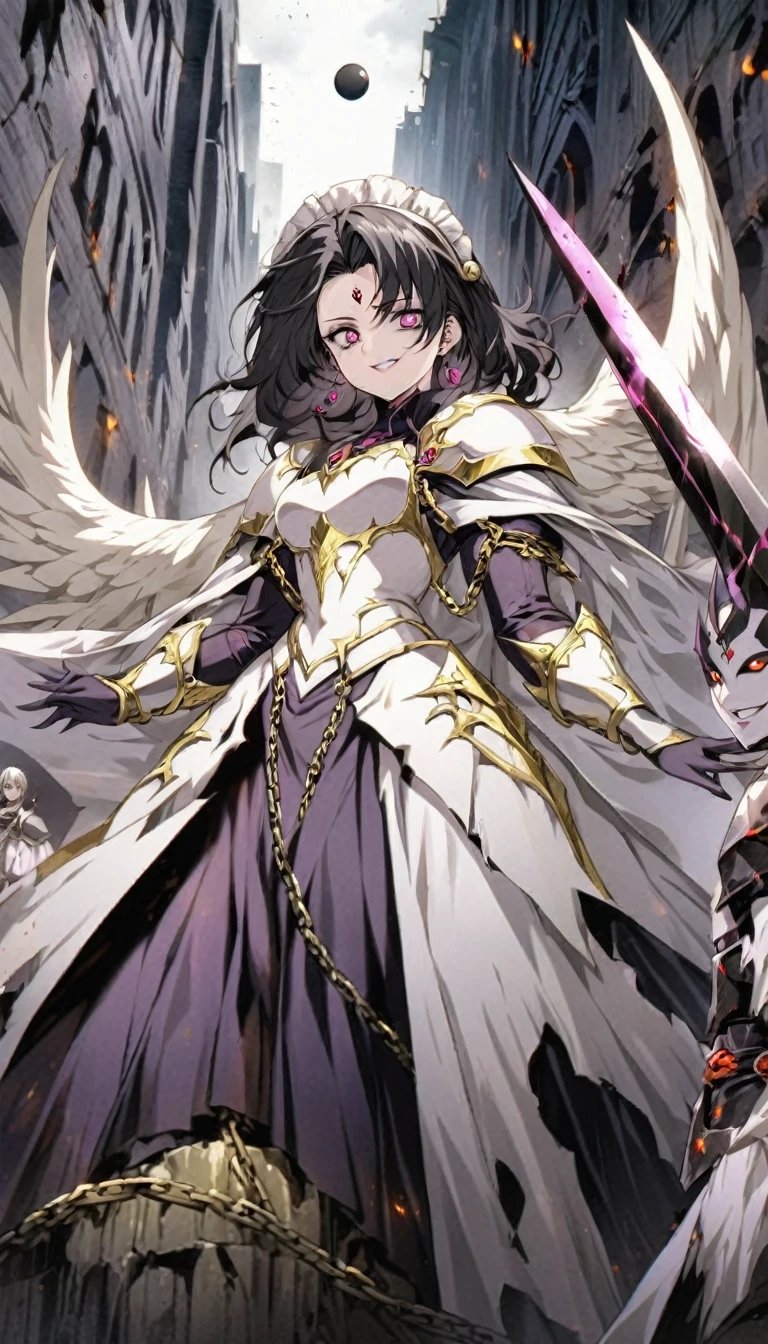 dark persona, grin, standing on pedestal, white leg armor, talking, knight, wavy hair, medium hair, Leading a ritual, dark purple eyes, audience, forehead jewel, white wing headdress, gripping spear in hand, shoulder armor, 1 female, armor, white cape, runes, evil woman Executive, white dress, Ruined city, gold decoration, black hair, moonlight, earrings, chains, yin yang, long skirt, beautiful art, depth of field, high res, perfect face, detailed outfit