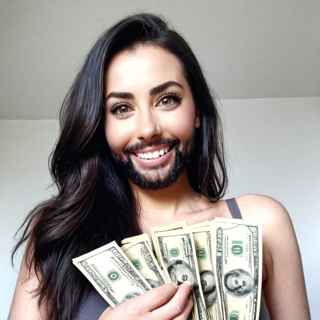 
bearded woman beautiful shaggy beard, black hair, brown eyes, eyeliner, proud smile, seductive look, hold a load of dollar bills