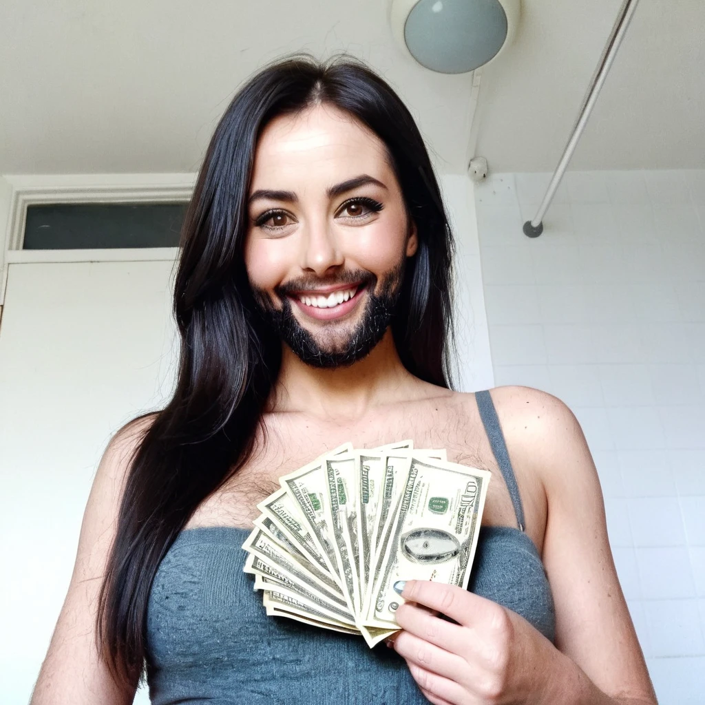 
bearded woman beautiful shaggy beard, black hair, brown eyes, eyeliner, proud smile, seductive look, hold a load of dollar bills