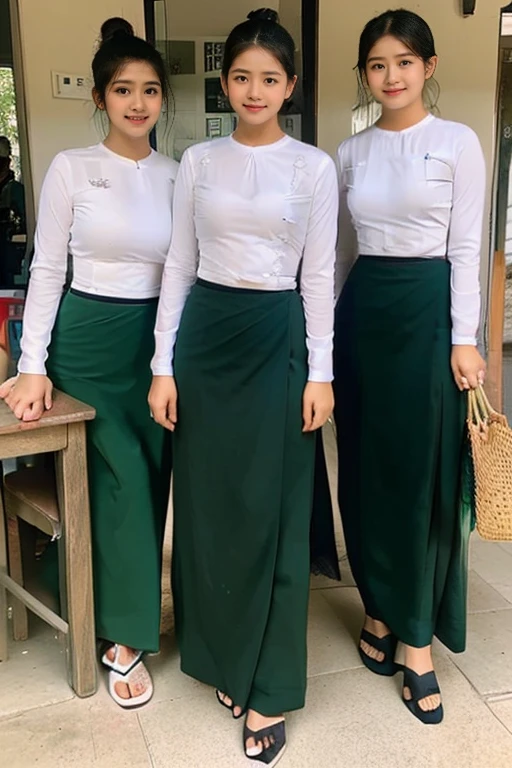3 school teachers is 30years old.Tall, thin, big hips, big breasts, black hair, small lips, brown eyes, attractive, K.Top=white Burmese blouse,With long sleeves,Buttoned at the side.Bottom=(Dark green) long skirt.
Footwear=female Burmese sandals,The hair is knotted bun.Hijab