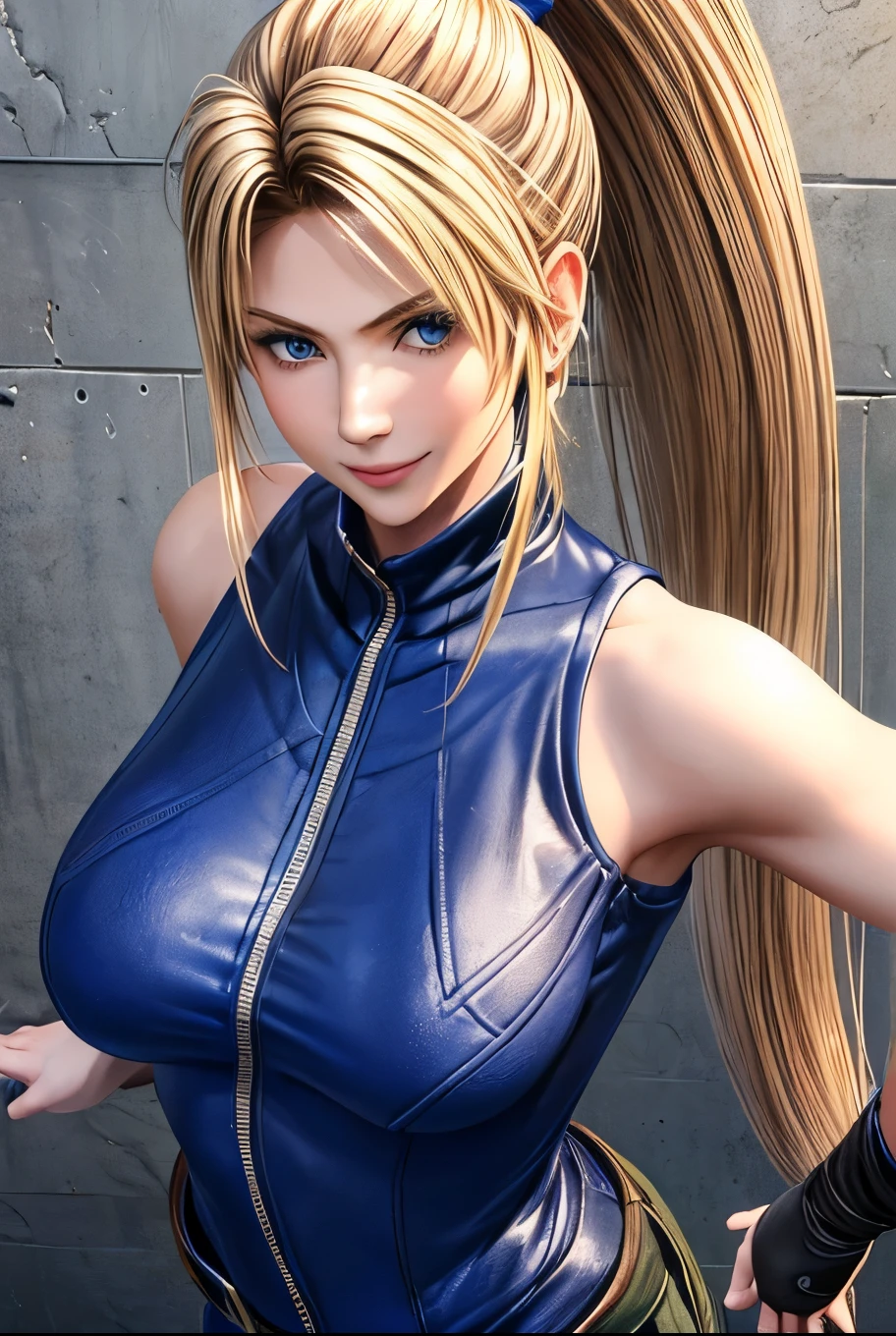 Sarah, blue eyes, American, angle view, (full bodysuit:1.1), (skinny girl:1.0), (36 inch chest:1.3), ((long ponytail:1.3)), (free flowing hair:1.4), cowboy shot, blonde hair, long hair, (long side burns:1.4), Shoulders exposed, (arms exposed:1.0), (very detailed skin:1.5), belt ,sleeveless, (closed zipper), earrings, fingerless short gloves, BREAK masterpiece, 1 girl, RAW photo, (best quality:1.2), extremely delicate beautiful, very detailed, 2k wallpaper, amazing, fine details, (medium breasts:1.3), extremely detailed CG Unity 8k wallpaper, super detailed, high resolution, (beautiful detailed girl:1.4), perfect anatomy, wide cheeks, (shiny clothes:1.1), (smile:1.2), (upper body:1.3), (Realistic, Photorealistic:1.0), (thin nose:1.2), (breast focus:1.3), 20 year old, high nose bridge, (blue clothes:1.2), fighting pose, fighting arena, armpit against wall, wide face, (wide smile:1.3), closed mouth