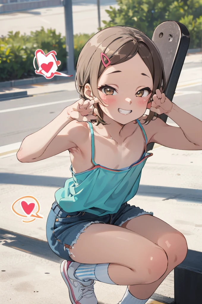 masterpiece, best quality, absurdres,
1girl, ,, blush, ,,camisole,, denim skirt,socks,looking viewer,,spoken heart,6yo,(petite),flat chest,,outdoor,grin,nsfw,socks,peace pose