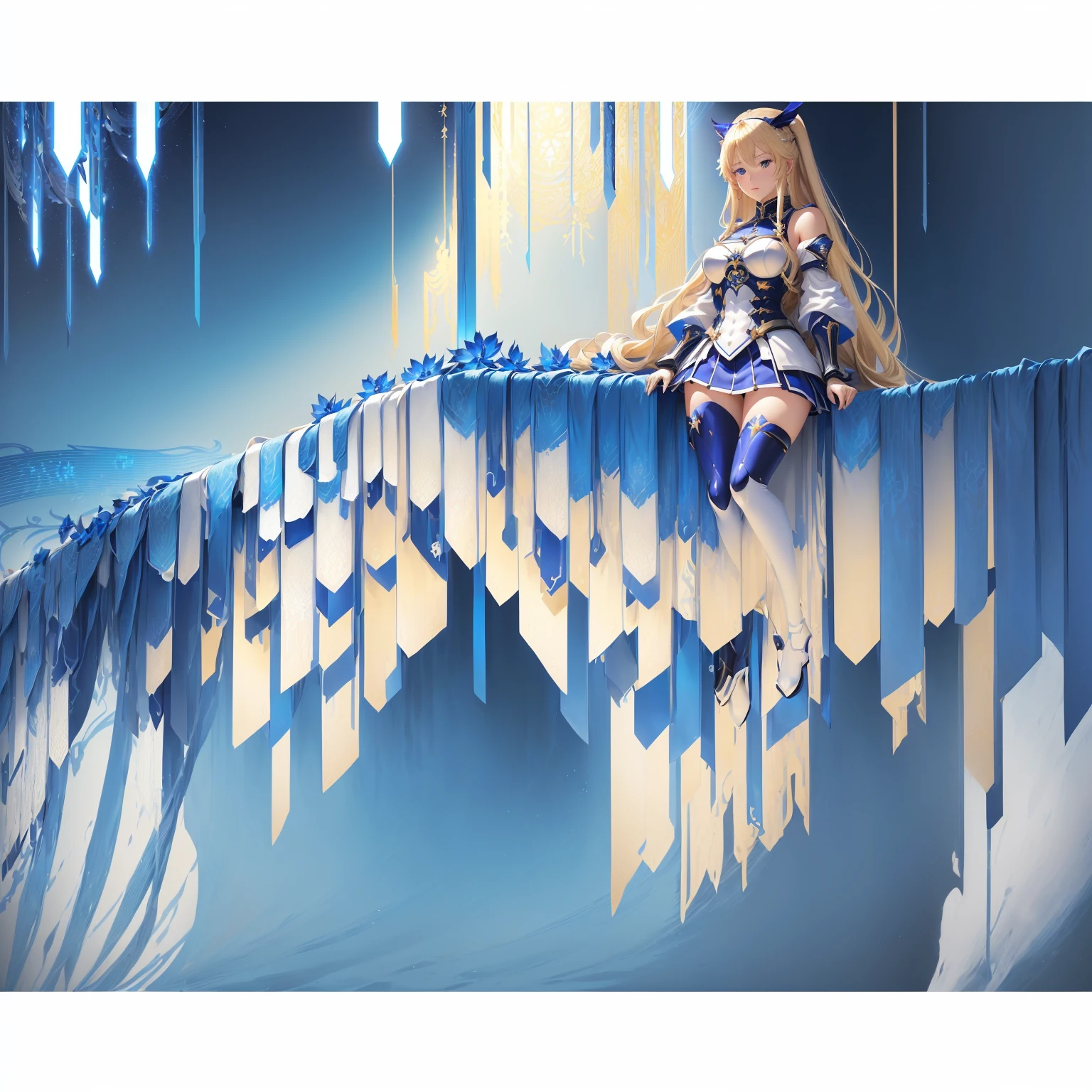 anime girl with long blonde hair and blue eyes posing in front of a blue background, anime goddess, ayaka genshin impact, artoria pendragon, epic light novel art cover, high quality anime art, azur lane style, epic light novel cover art, clean detailed anime art, art of kirokaze pixel, clean anime art, seductive anime girl