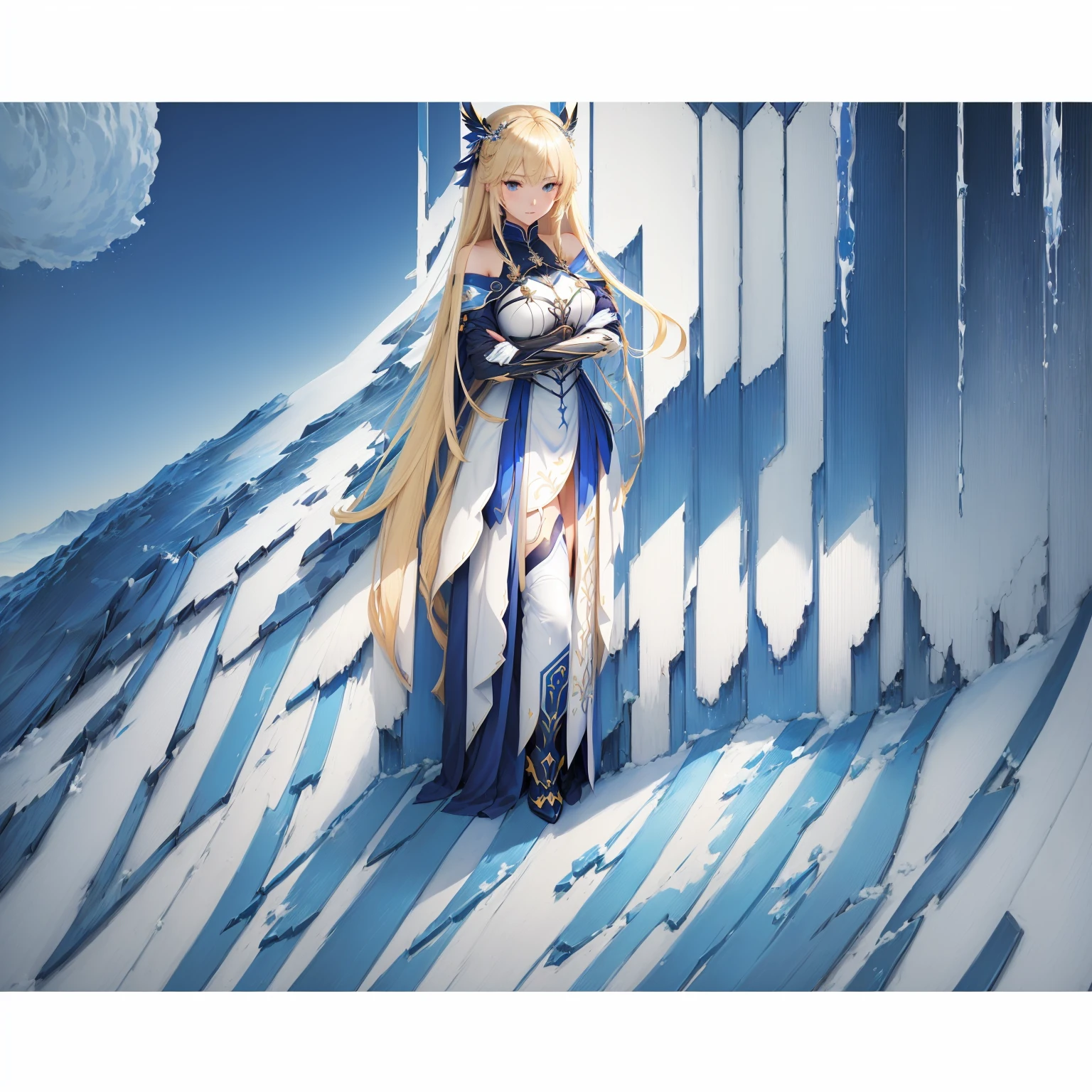 anime girl with long blonde hair and blue eyes posing in front of a blue background, anime goddess, ayaka genshin impact, artoria pendragon, epic light novel art cover, high quality anime art, azur lane style, epic light novel cover art, clean detailed anime art, art of kirokaze pixel, clean anime art, seductive anime girl