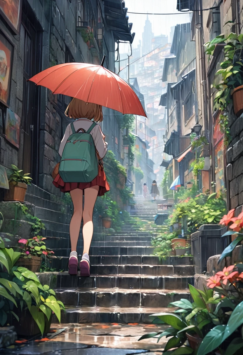 ( Perfect anatomical structure ) girl holding an umbrella on a rainy day(Back view standing foreground close-up)Hold an umbrella and walk up the stone stairs HD anime cityscape with narrow alley with many plants(stone staircase going up)anime scenery anime style cityscape, Colorful anime background anime art delicate art realistic super detailed digital art style