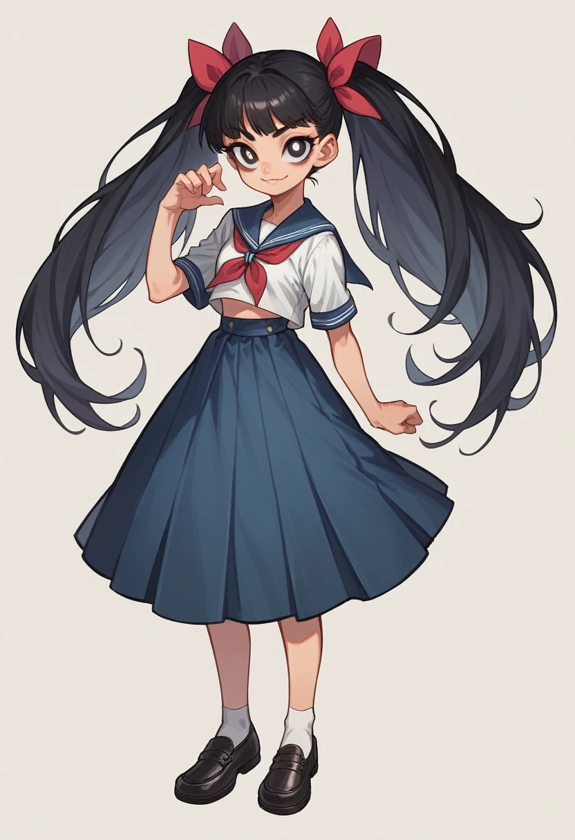 Highest quality, girl, Twin tails, Black Hair, bow 髪, Captivating smile, Iris, Long eyelashes, Small breasts, Sailor, Long skirt, shoes, Stinking eyes, reproachful eyes, scornful eyes, stare or glare with scornful eyes,bad eyesight