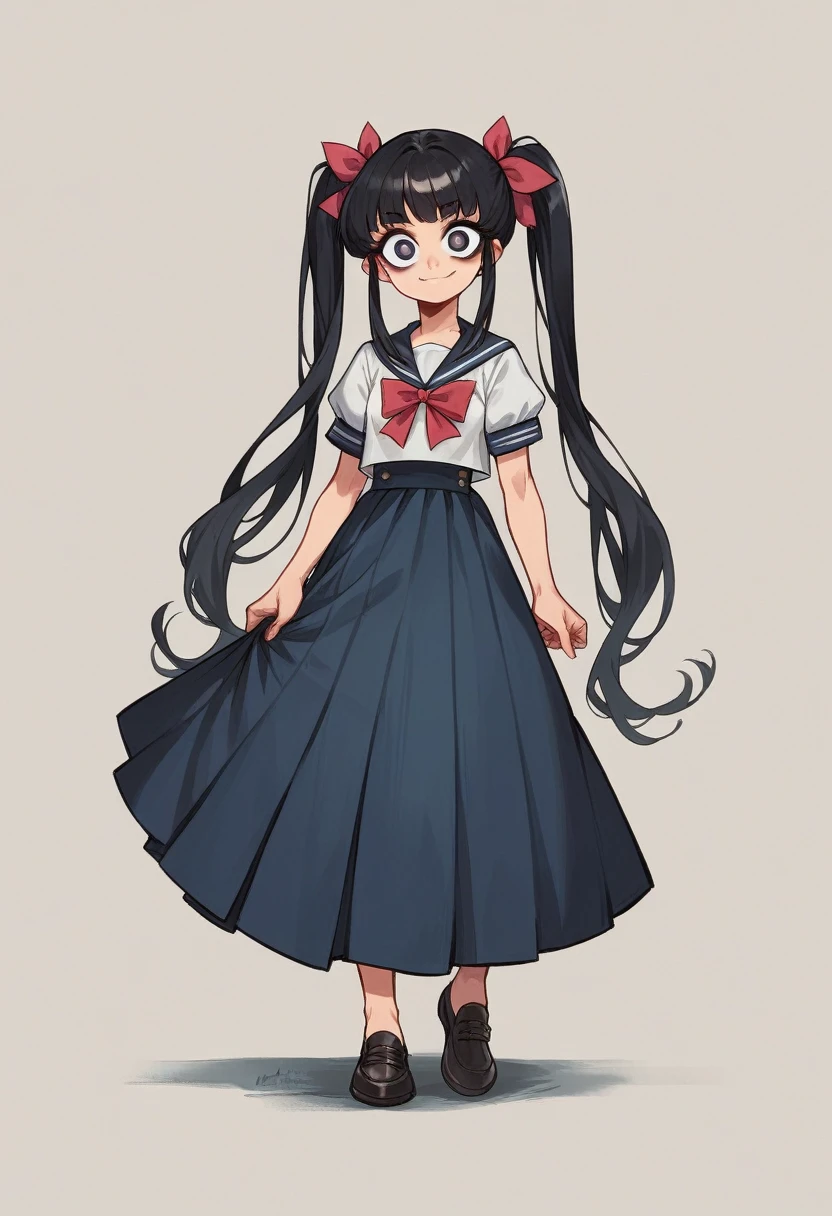 Highest quality, girl, Twin tails, Black Hair, bow 髪, Captivating smile, Iris, Long eyelashes, Small breasts, Sailor, Long skirt, shoes, Stinking eyes, reproachful eyes, scornful eyes, stare or glare with scornful eyes,bad eyesight