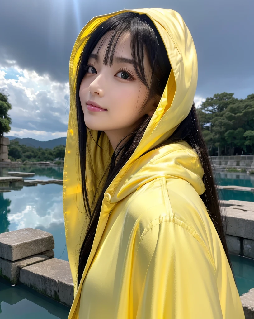 (Highest quality, 32k, High resolution, Masterpiece:1.5, ), marimo_jet, god々A photograph with brilliant dazzling and healing power., Evoking a sense of calm and elusive beauty, Expressing emotions, Have a rich imagination,Beautiful Japanese Girls, An exceptionally beautiful face, Small Face Beauty, ((Downcast profile:1.3)), Perfect Human Anatomy, Magical big eyes, Motherhood and generosity, Deep Love, fleeting smile, shiny wet black hair, Super Long Straight Silk Hair, Asymmetrical bangs, Hair between the eyes, Transparent, soft white skin, Sharp eyebrows, Thin lashes, Natural Makeup, Cheek highlighter, Pale pink detailed lips, , ((Yellow hooded raincoat:1.2)), Slim figure with ample breasts, High resolutionの美しい太もも, ((Ancient ruins submerged in a blue lake:1.3)), ((Rainy dark sky:1.3)), ((A background of a faint light shining through a gap in the cloudy sky:1.3)), Professional Lighting, Professional photographer, Professional models, god秘的