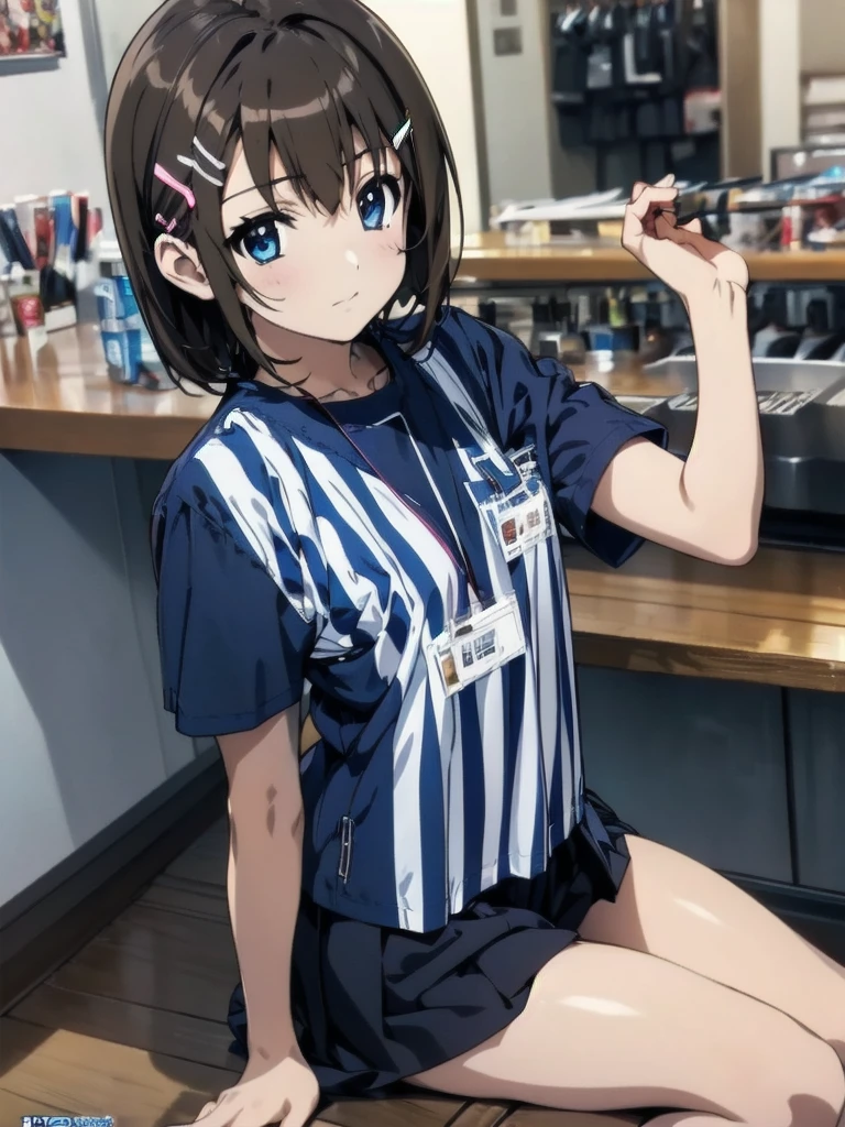 nsfw , Hayate Yagami , lyrical nanoha , (((highres official art))) , (((Anime Pinups))) , (((1girl))) , (((solo))) , (((a little lighter brown hair))) , (((Hair Clip))) , best quality, highres, ****, lawson uniform, employee uniform, shirt, name tag, short sleeves, striped shirt, striped, vertical-striped shirt, blue shirt, vertical stripes, alternate costume,(((bottomless)))