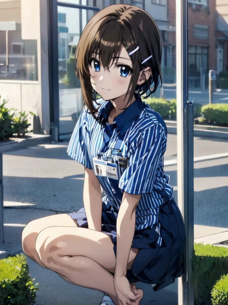 nsfw , Hayate Yagami , lyrical nanoha , (((highres official art))) , (((Anime Pinups))) , (((1girl))) , (((solo))) , (((a little lighter brown hair))) , (((Hair Clip))) , best quality, highres, ****, lawson uniform, employee uniform, shirt, name tag, short sleeves, striped shirt, striped, vertical-striped shirt, blue shirt, vertical stripes, alternate costume,(((bottomless)))